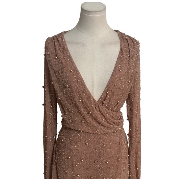 OH POLLY Chelsea Embellished Wrap Over A-Line Mini Dress Beige Pearl Sz 6 Party - Picture 11 of 12